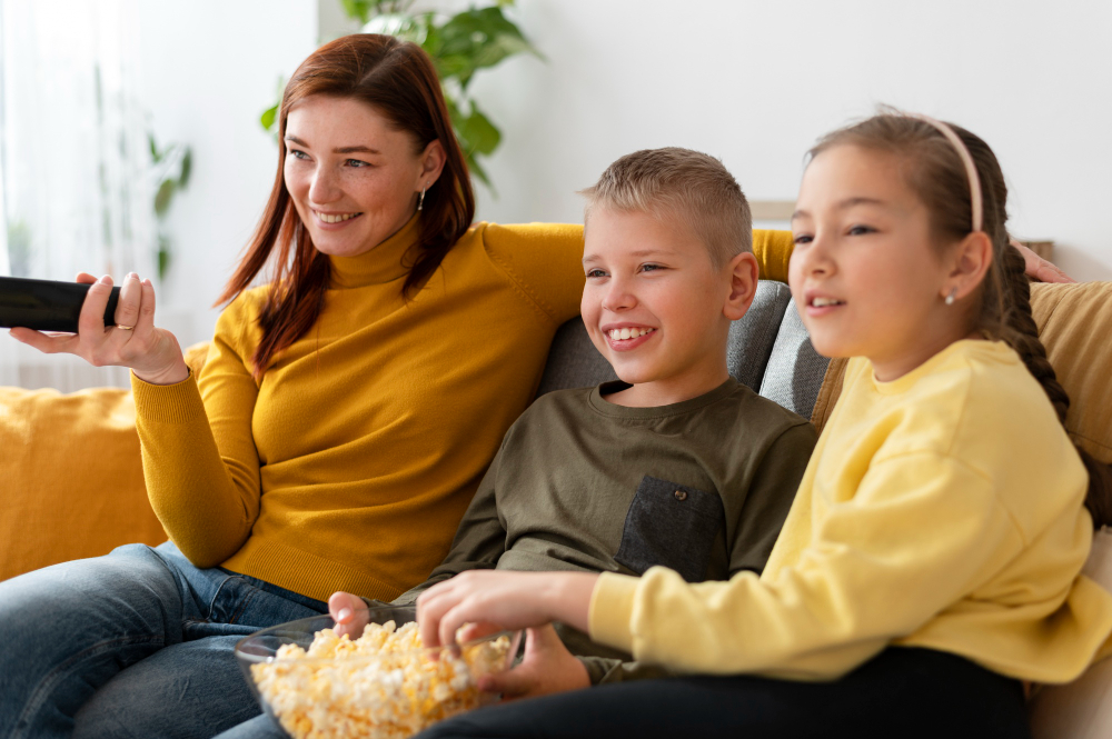 children sitting on a couch and watching tv