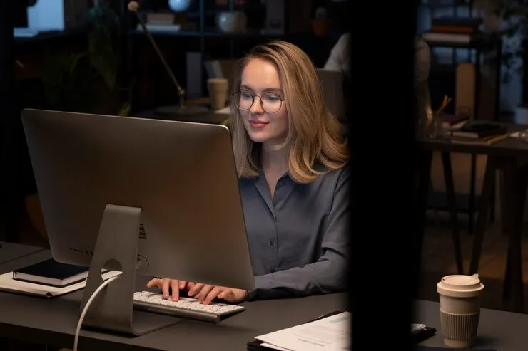 Woman with glasses using computer to make her personal brand